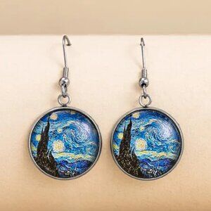 Starry Night Style Art Drop Earrings | Silver Tone Dangle | Round Art Jewelry